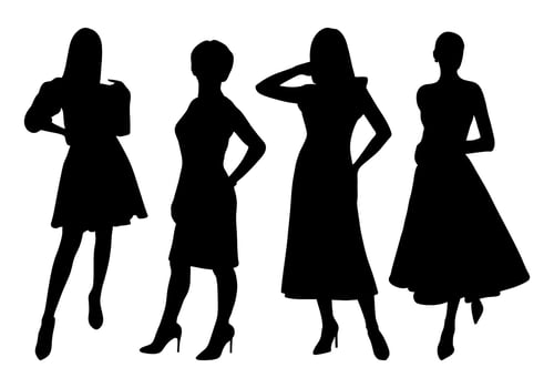 Image of a black silhouette of a dancing girl in a festive weekend dress. Fashion show vector