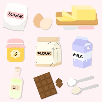 Baking ingredients vector set illustration. Food supplies for bakery and cooking dessert