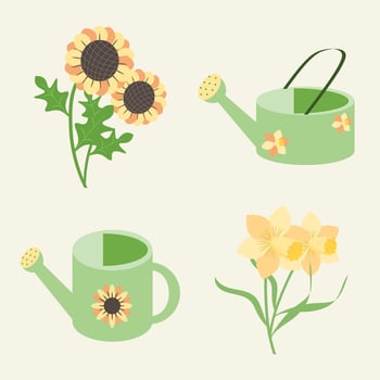 Summer garden set flat vector illustration. Sunflower, daffodile, and green watering can