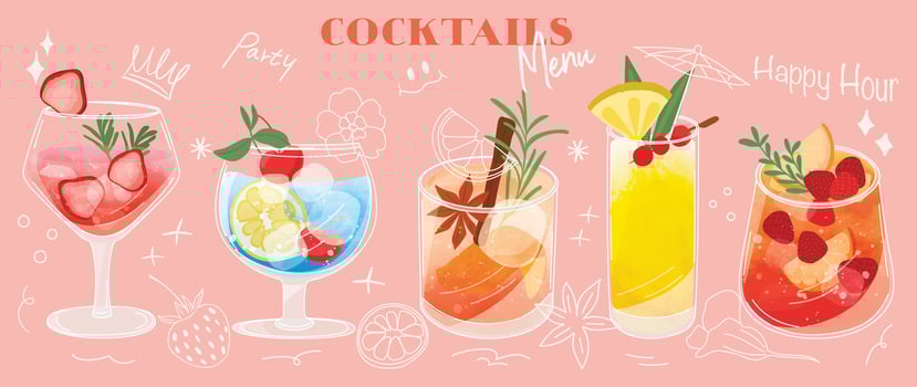 Set of cocktail drinks special promotions design. Alcohol beverage, fresh yummy drinks, sparkling water, summer juice in different glasses. Classic cocktail vector for advertisement, menu, poster.