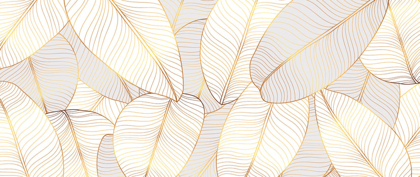 Abstract gold foliage line art vector background. Leaf wallpaper of tropical leaves, leaf branch, plants in hand drawn pattern. Botanical jungle illustrated for banner, prints, decoration, fabric.