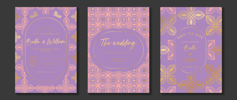Luxury invitation card background vector. Golden elegant geometric shape, gold lines gradient on purple background. Premium design illustration for gala card, grand opening, party invitation, wedding. vector