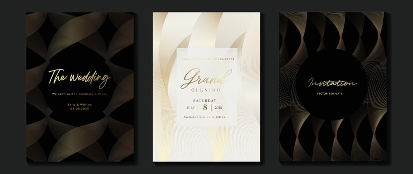 Luxury invitation card background vector. Golden curve elegant, gold lines gradient on dark and light background. Premium design illustration for gala card, grand opening, party invitation, wedding. vector