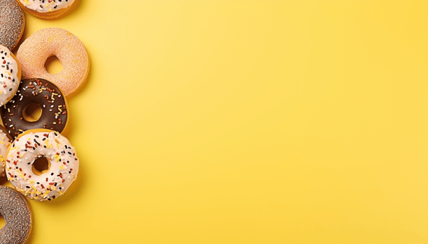 Some donut on the left, light yellow background, with copy space, top view png