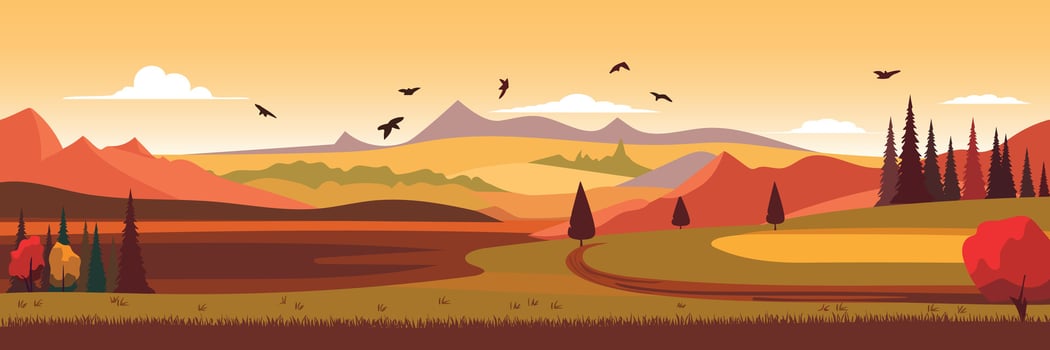 Cartoon illustration of the autumn rural landscape. Fall nature view. Vector illustration.