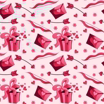 Valentine s Day seamless pattern. Pink gift with ribbon. Vector. Can be used to create charming and romantic designs for greeting cards, gift wrapping, stationery, or other love-themed materials. vector