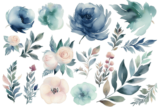 Watercolor set of different colors and leaves in pastel colors on a transparent background. AI generated illustration. png