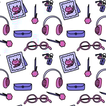 Seamless pattern of workspace items on a desk. Includes watch, phone, stickers, headphones, charging cable, and glasses. Can be used as a stylish background for tech-related designs vector
