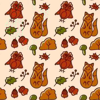 Autumn seamless pattern. Cute fox, owl, acorn, mushroom and leaves. Vector illustration. Ideal for use in textiles, paper designs, home decor, and other creative projects