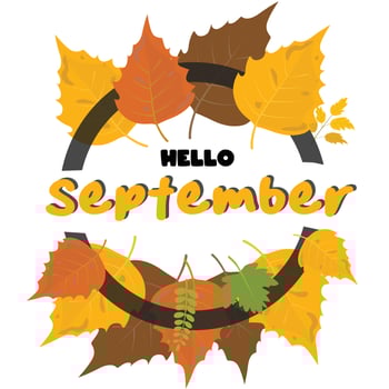 Hello September vector. Autumn design template for decoration, sale banner, advertisement, greeting card and media content. Autumn element illustration. Welcome September letterring. vector