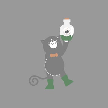 happy halloween holiday festival with black cat and jar of eyeball, flat vector illustration cartoon character design
