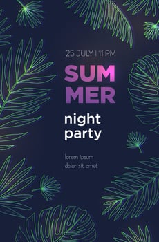Summer night party poster template with palm tropical leaves. Event, festival vector Illustration placard.