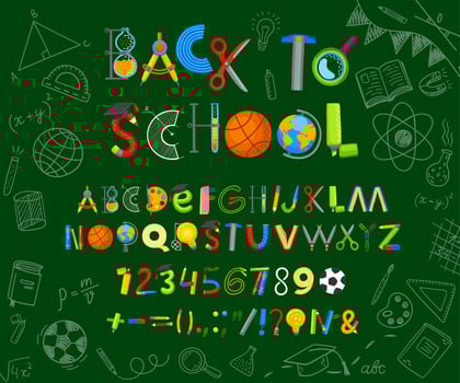 School stationery font, education supply abc type vector