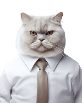 close-up photo of a fat cat wearing an office uniform shirt isolated on a transparent background png