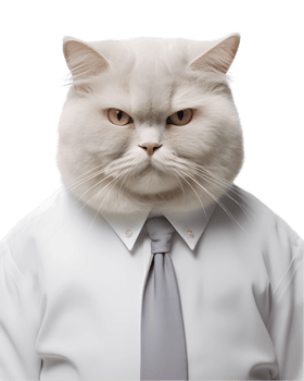 close-up photo of a fat cat wearing an office uniform shirt isolated on a transparent background png