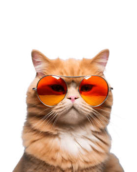 close-up photo of a cool cat posing wearing glasses and looking cool isolated on a transparent background png