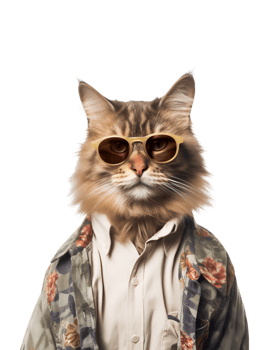 portrait of a cool cat wearing summer clothes and sunglasses isolated on a transparent background png