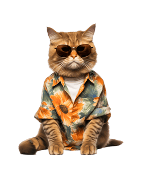 Cool cat sitting relaxing wearing summer clothes and sunglasses isolated on a transparent background png
