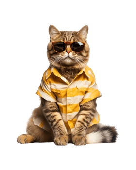 Cool cat sitting relaxing wearing summer clothes and sunglasses isolated on a transparent background png
