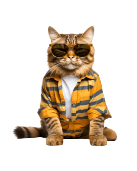 Cool cat sitting relaxing wearing summer clothes and sunglasses isolated on a transparent background png