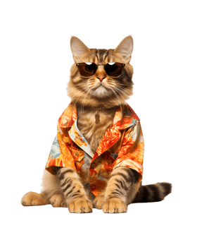 Cool cat sitting relaxing wearing summer clothes and sunglasses isolated on a transparent background png