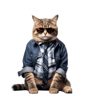 Cool cat sitting relaxing wearing summer clothes and sunglasses isolated on a transparent background png
