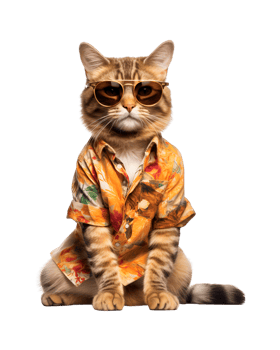 Cool cat sitting relaxing wearing summer clothes and sunglasses isolated on a transparent background png