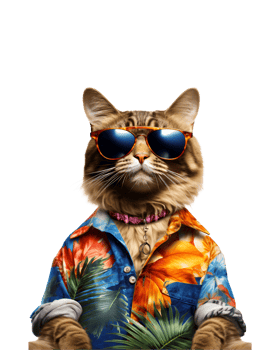 Cool cat sitting relaxing wearing summer clothes and sunglasses isolated on a transparent background png