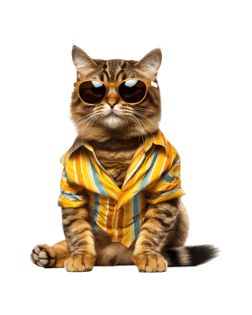 Cool cat sitting relaxing wearing summer clothes and sunglasses isolated on a transparent background png