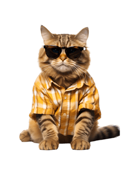 Cool cat sitting relaxing wearing summer clothes and sunglasses isolated on a transparent background png