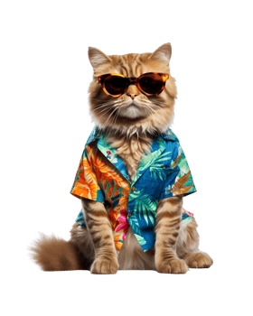 Cool cat sitting relaxing wearing summer clothes and sunglasses isolated on a transparent background png