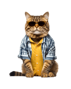 Cool cat sitting relaxing wearing summer clothes and sunglasses isolated on a transparent background png