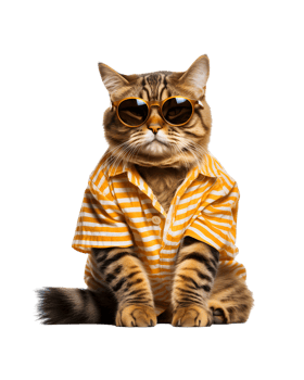 Cool cat sitting relaxing wearing summer clothes and sunglasses isolated on a transparent background png