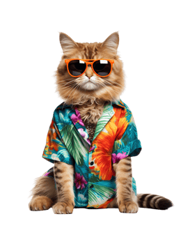 Cool cat sitting relaxing wearing summer clothes and sunglasses isolated on a transparent background png