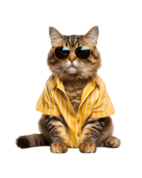 Cool cat sitting relaxing wearing summer clothes and sunglasses isolated on a transparent background png