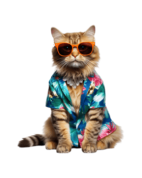 Cool cat sitting relaxing wearing summer clothes and sunglasses isolated on a transparent background png