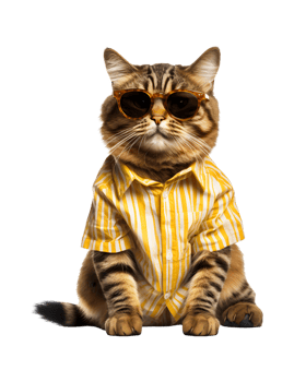 Cool cat sitting relaxing wearing summer clothes and sunglasses isolated on a transparent background png