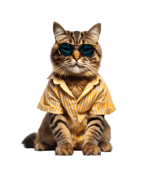 Cool cat sitting relaxing wearing summer clothes and sunglasses isolated on a transparent background png