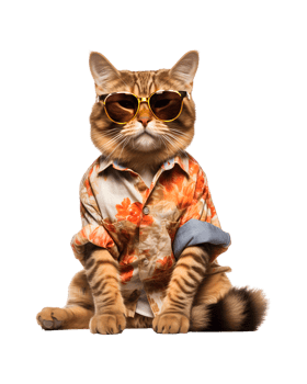 Cool cat sitting relaxing wearing summer clothes and sunglasses isolated on a transparent background png