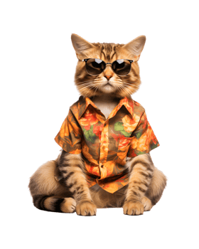 Cool cat sitting relaxing wearing summer clothes and sunglasses isolated on a transparent background png