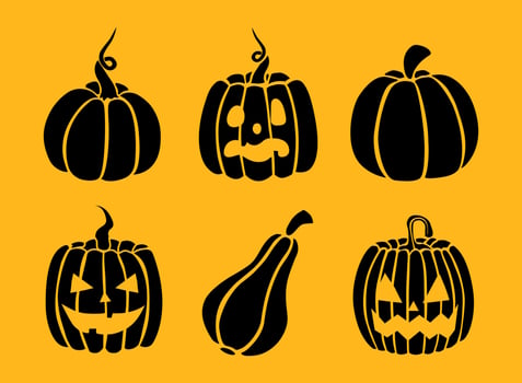 Group of black pumpkin and jack o lantern silhouettes, Halloween decoration, design elements, spooky cabbages. vector