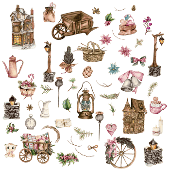 Watercolor winter Christmas elements cottage, cake,candle. png
