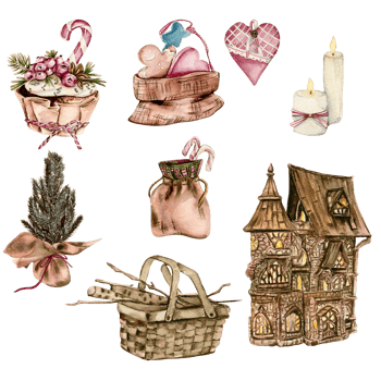 Watercolor winter Christmas elements cottage, cake,candle. png