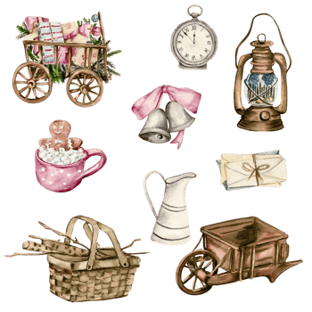 Watercolor winter Christmas elements watches ,candle, bells. png