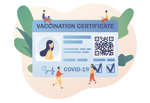Vaccination certificate with QR code. Vaccine passport. People health passport of vaccination for covid-19. Travel during Coronavirus pandemic. Modern flat cartoon style. Vector illustration