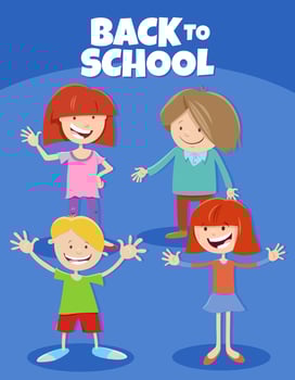 cartoon happy children with back to school caption vector