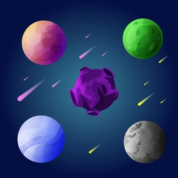 Space planets, asteroid, moon, fantastic world game vector cartoon icons. Color asteroid and planet, illustration fantastic universe with cartoon planets