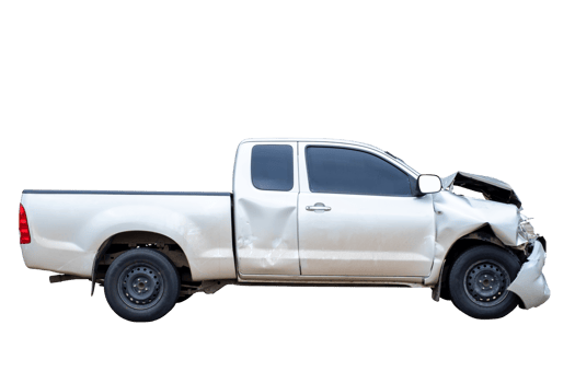 Front of gray or bronze pickup car get damaged by accident on the road. damaged cars after collision. isolated on transparent background, PNG file format