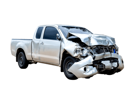 Front of gray or bronze pickup car get damaged by accident on the road. damaged cars after collision. isolated on transparent background, PNG file
