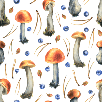 Forest edible mushrooms with orange caps boletus, leaves, blueberries and pine needles. Watercolor illustration, hand drawn. Seamless pattern for packaging, textile, wallpaper png